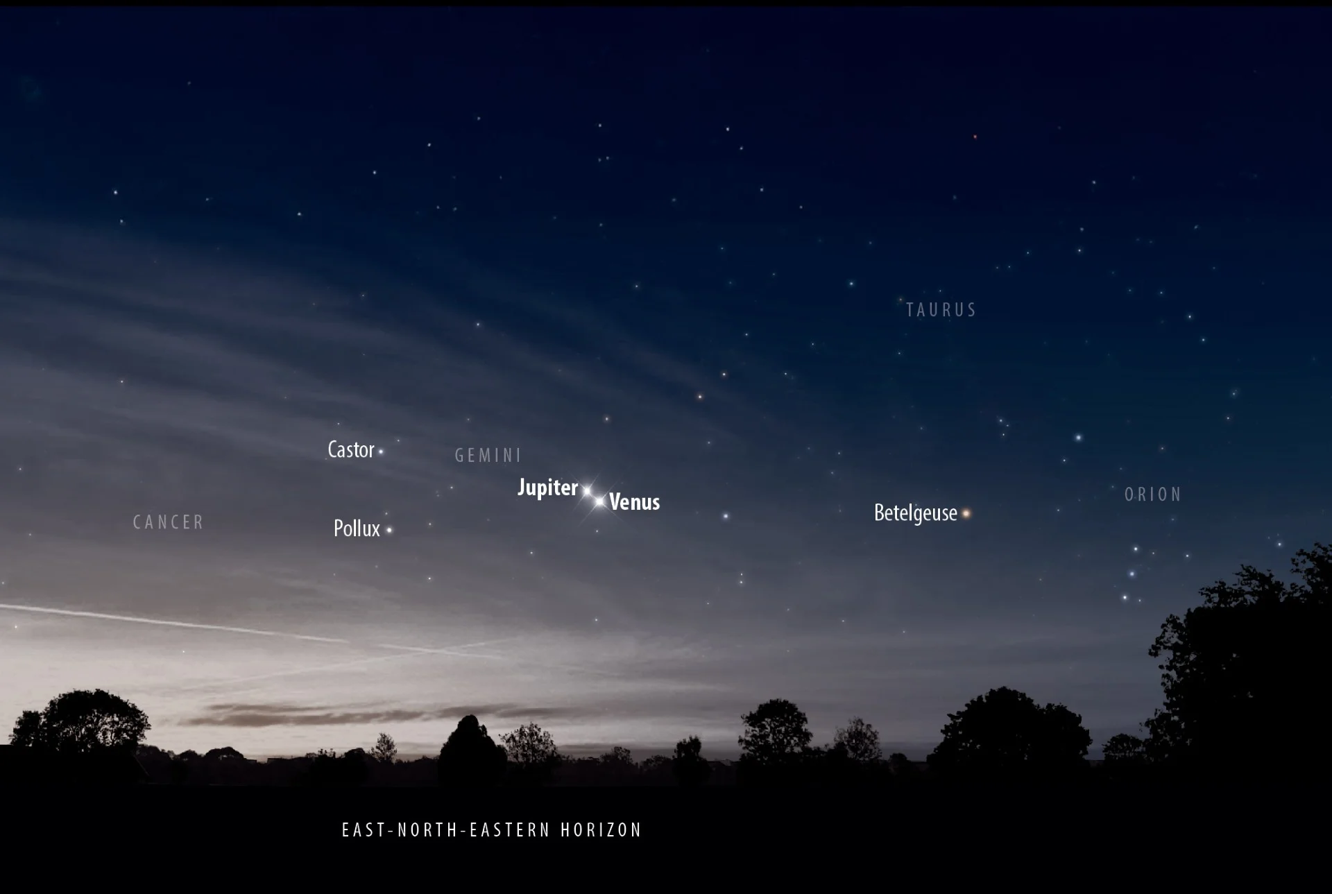 Graphic showing the close conjunction of Jupiter and Venus with other stars and constellations marked on a dark sky, above a horizon with trees in silhouette.